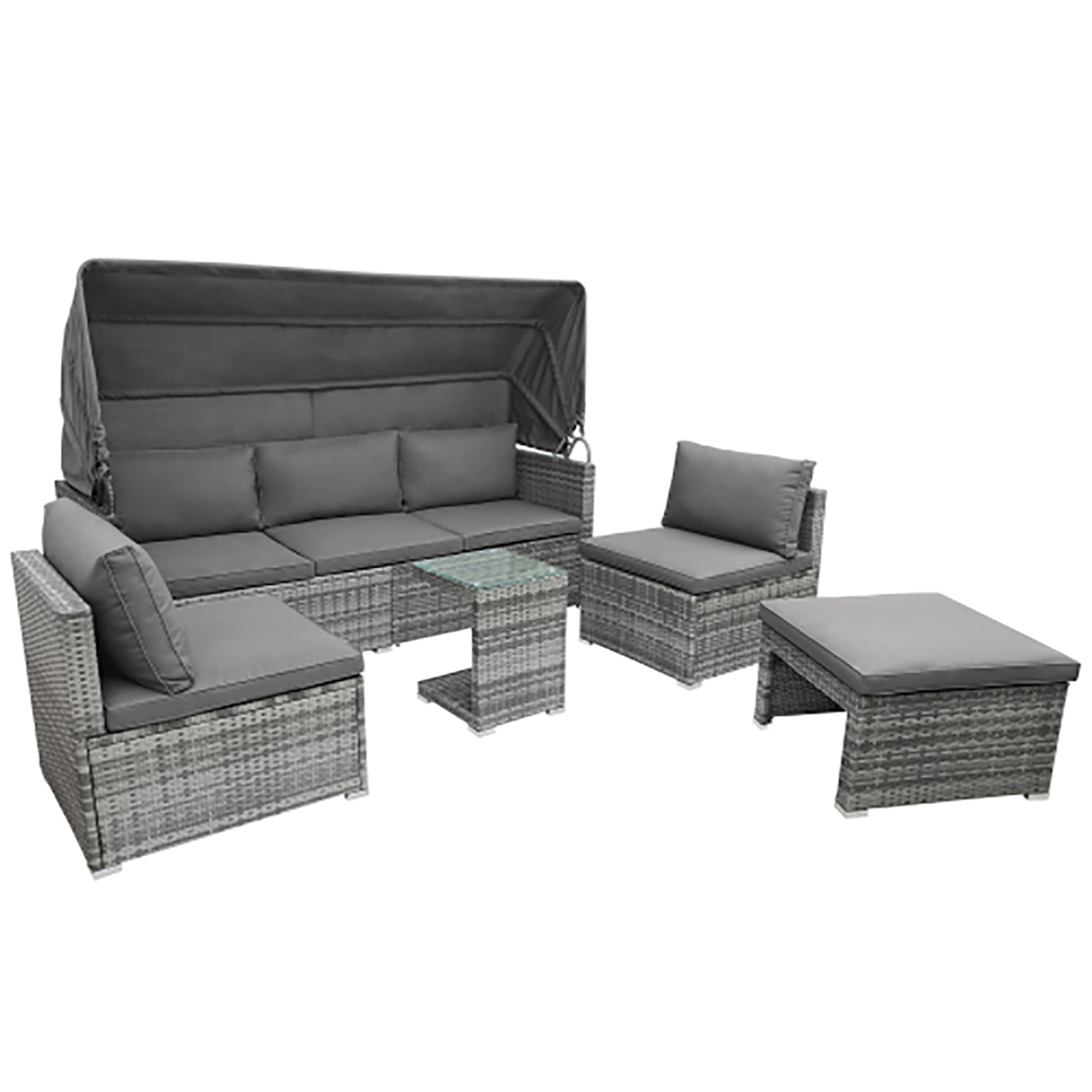 Kadyn 5 Pieces Outdoor Sectional Patio Rattan Sofa Set Rattan Daybed , PE Wicker Conversation Furniture Set w/ Canopy and Tempered Glass Side Table, Gray Kadyn 5 Pieces Outdoor Sectional Patio Rattan Sofa Set Rattan Daybed , PE Wicker Conversation Furniture Set w/ Canopy and Tempered Glass Side Table, Gray