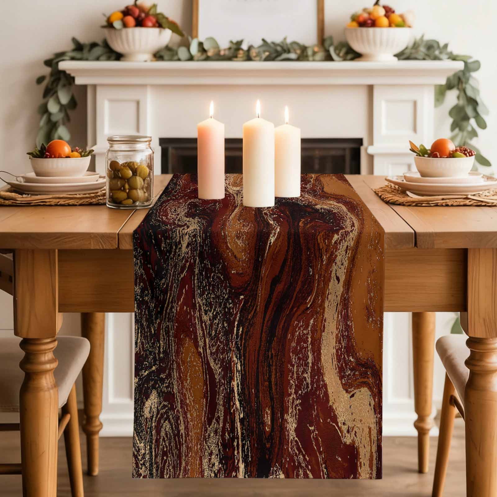 Brown Marble Table Runner, Ombre Abstract Striped Mottled Aesthetic Washable Cotton Linen Table Runners 90 Inches Long, Dresser Scarf Runner for Dining/Coffee/Kitchen/Hallway Tables 13''x90''