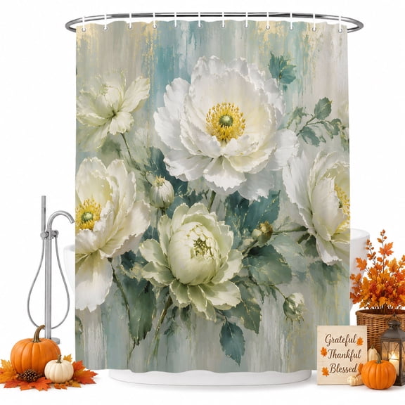 White Green Flowers Shower Curtain, Waterproof Shower Curtains for Bathroom, Modern Abstract Blooming Floral Leaf Washable Fabric Bathtub Curtain Set Bath Decor with 12 Hooks Stall 36"x72"