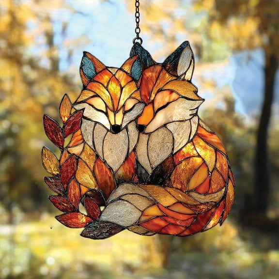 Woodland Fox Pair Acrylic Window Hanging, Warm Autumn Animal Faux Stained Glass Suncatcher, Romantic Forest Animal Gift Idea
