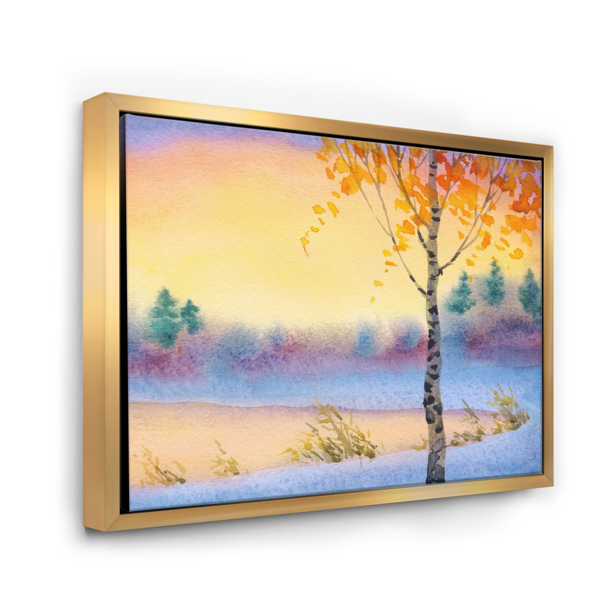 Evening Sky Over Lake Winter Landscape 32 in x 24 in Framed Painting Canvas Art Print, by Designart