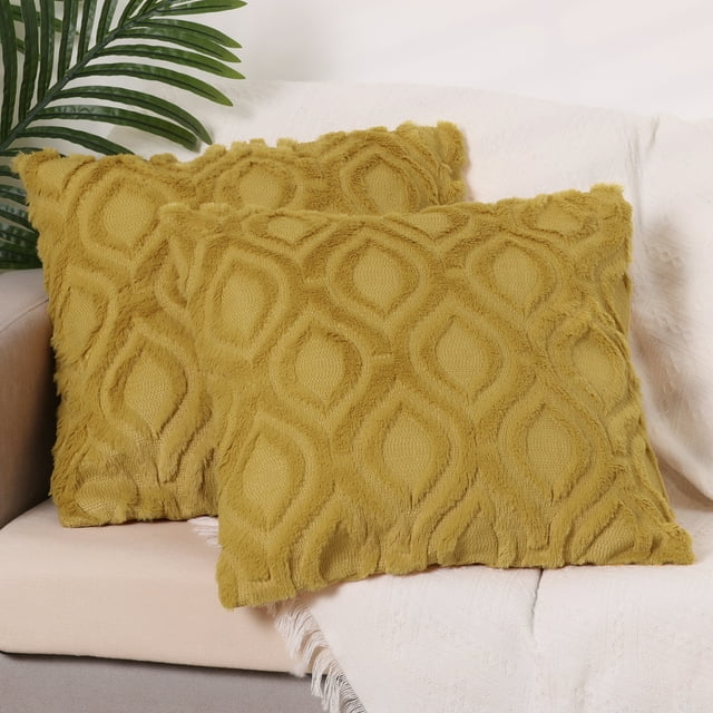 REGALWOVEN Set de 2 fundas de cojín de felpa shaggy para sofá para el hogar amarillo-2 16" x 16"