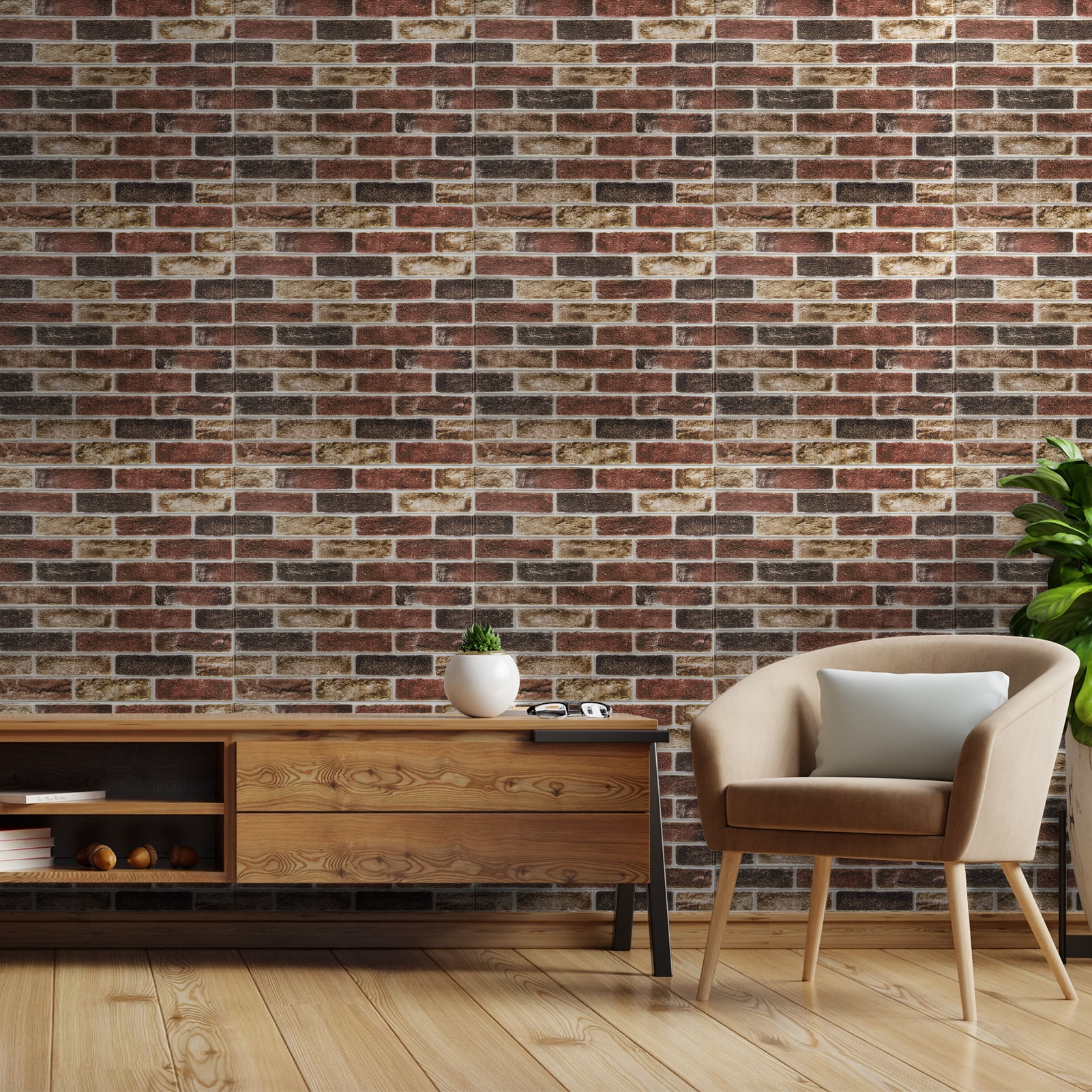 20-Pack 27.5''x27.5'' Peel and Stick Faux Brick 3D Wall Panels,Self Adhesive Foam Wallpaper for Bedroom,Kitchen,Red Brown