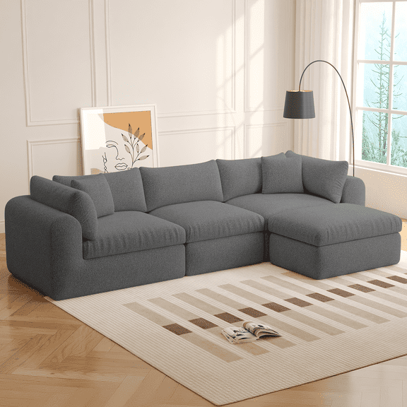 WENTUM 113'' Modular Sectional Sofa Couches Boneless Convertible L-Shape Cloud Velvet Couch with Ottoman for Living Room, Bedroom, No Assembly-Grey