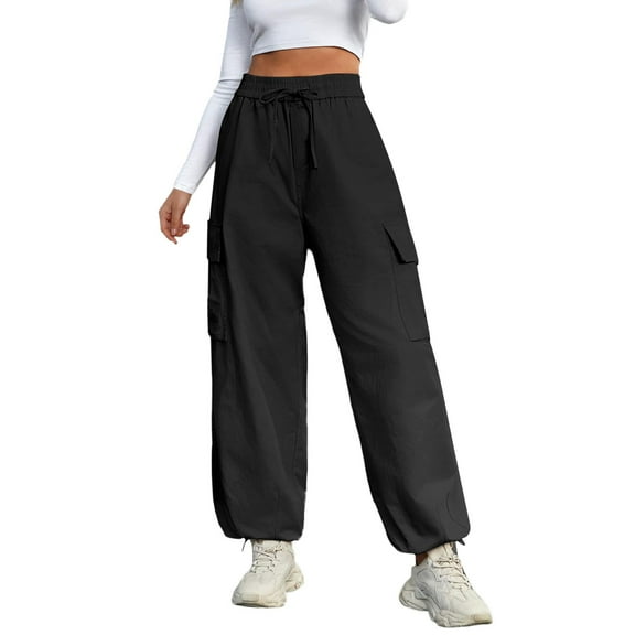 Women's Pants Cargo Pants High Waist Wide Leg Pants Straight Leg Lightweight Black Loose Pants for Women L