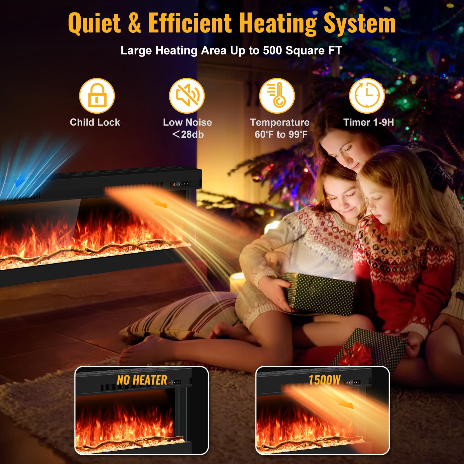 70 inch 3 Sided Glass Electric Fireplace with Touchscreen, APP & Remote Control, Smart Build-in Fire Places Heater 1500W with Multi-Color Flames, Cracking Sound, Timer