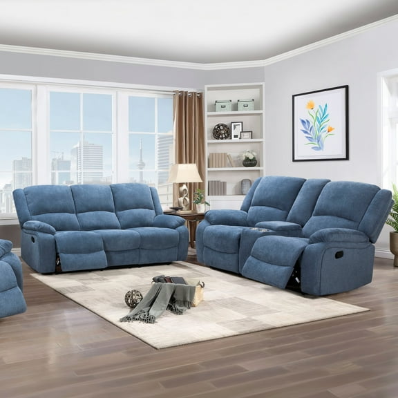Roundhill Furniture Blitz Transitional 2-Piece Living Room Reclining Set, Sofa and Loveseat, Blue