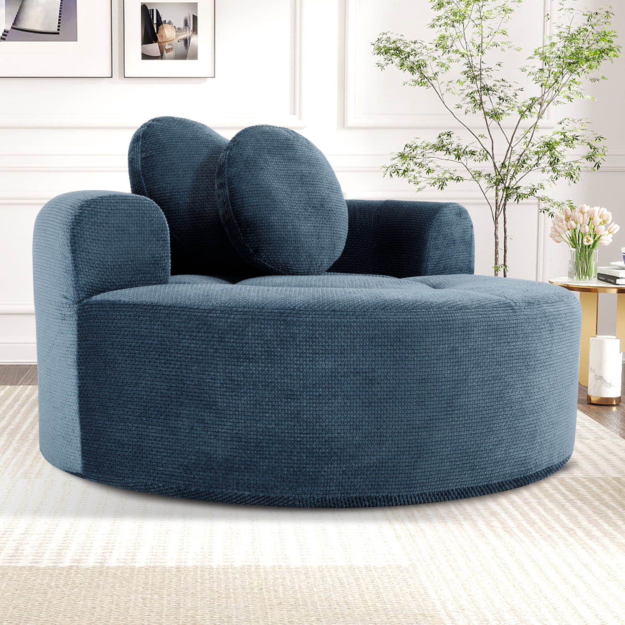 Leumius Oversized Round Chair Lounge Chaise Indoor,Upholstered Round Sofa Bed with Memory Foam,Comfy Cloud Circle Chair with Deep Seat for Living Room Bedroom,No Assembly Required,Blue