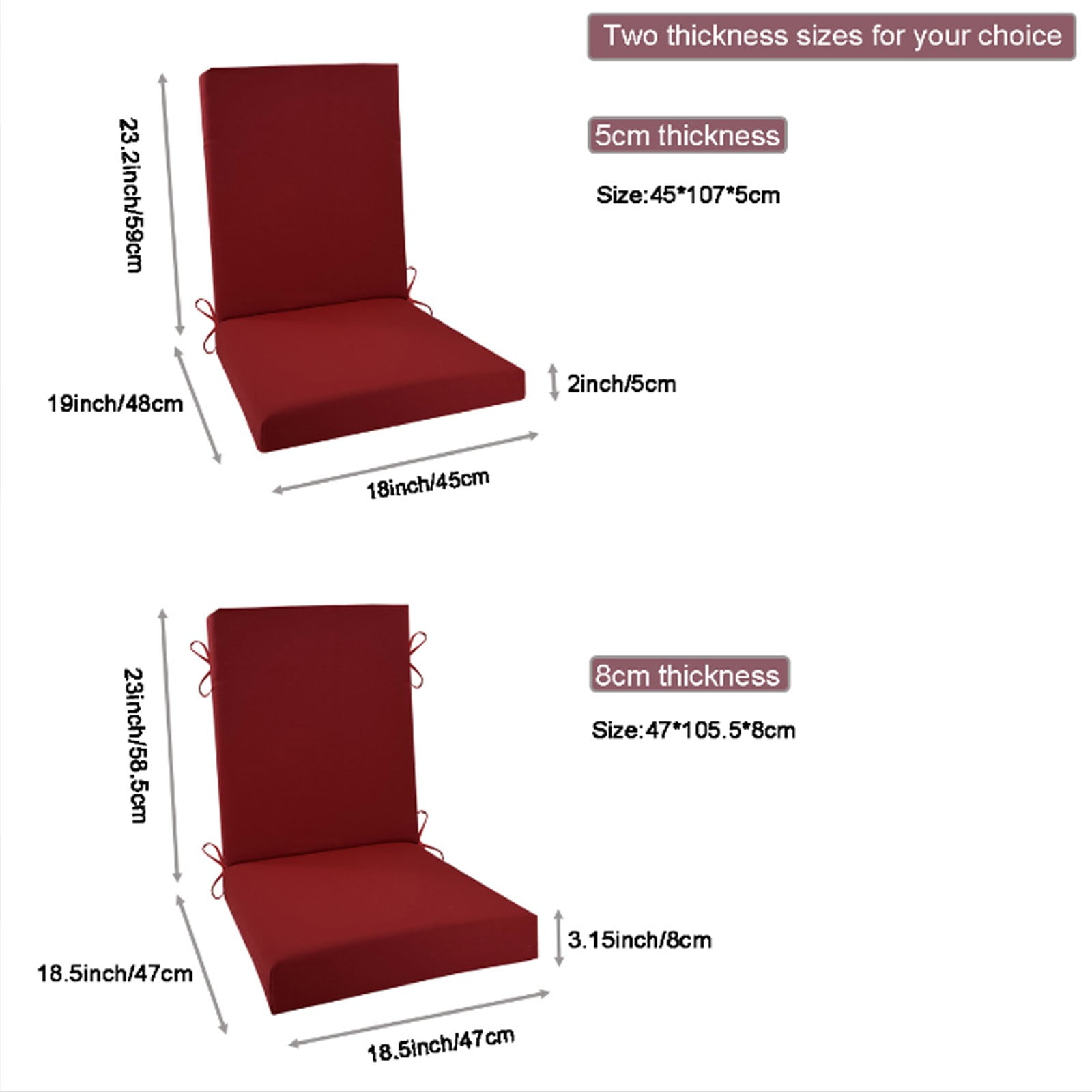 1PC 5×107×5cm/18×42×2in Outdoor Dining Chair Cushion - Fade-Resistant Patio Cushion for Metal/Wicker Chairs (Secure Ties)- Red