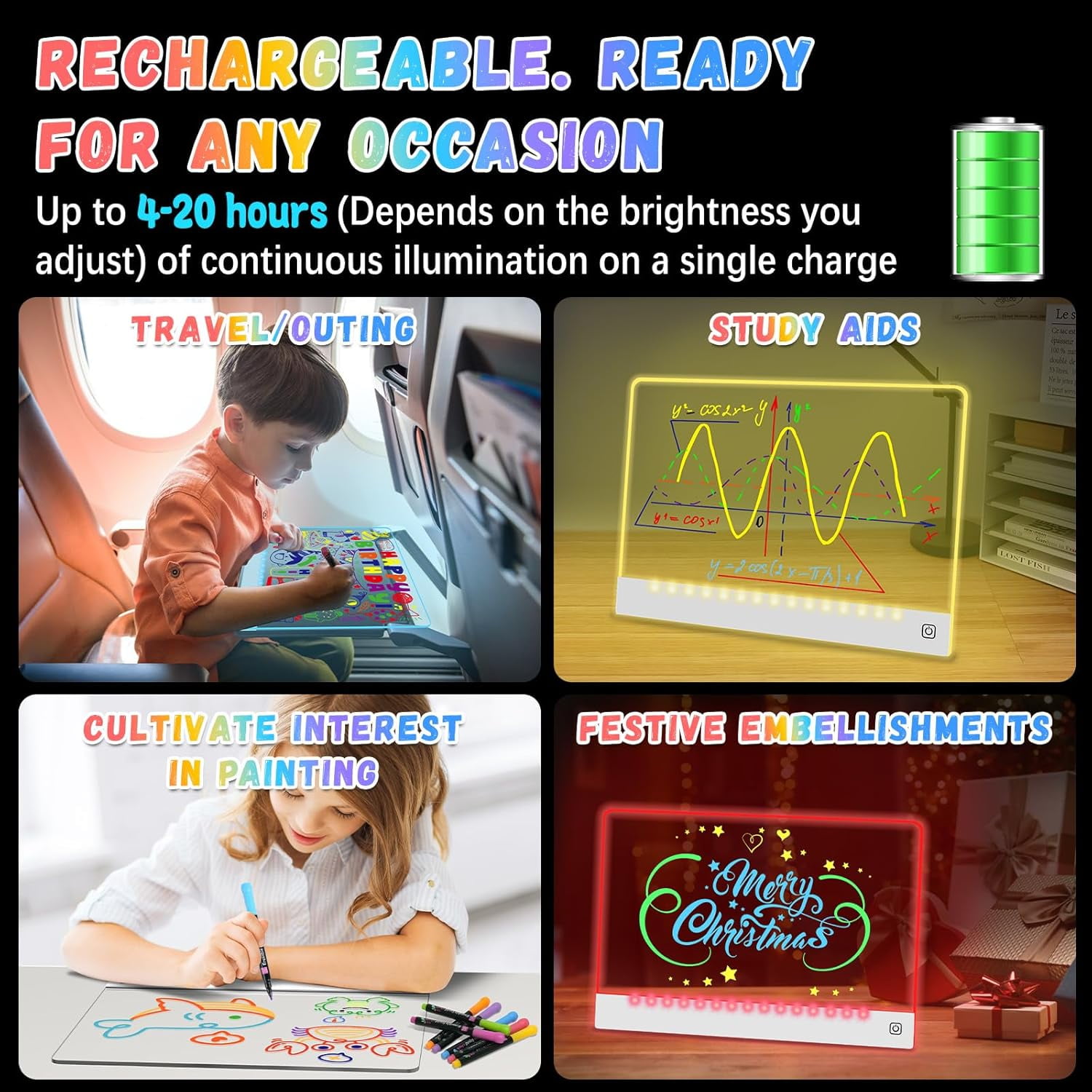 Ywuzuh 16" Led Drawing Board for Ki+ds Rechargeable, Portable Doodle Glow LED Note Board with 7 Colors, Light Up Acrylic Dry Erase Lumi Board with Stand, Christmas & Birthday Gifts for gi+rls bo+ys