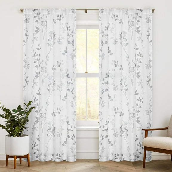 Floral Linen Semi Sheer Curtains 108 Inches Long 2 Panels for Living Room Bedroom Grey Farmhouse Flower Patterned Light Filtering Textured Rod Pocket Window Treatments Drapes, 50x108 2 Set