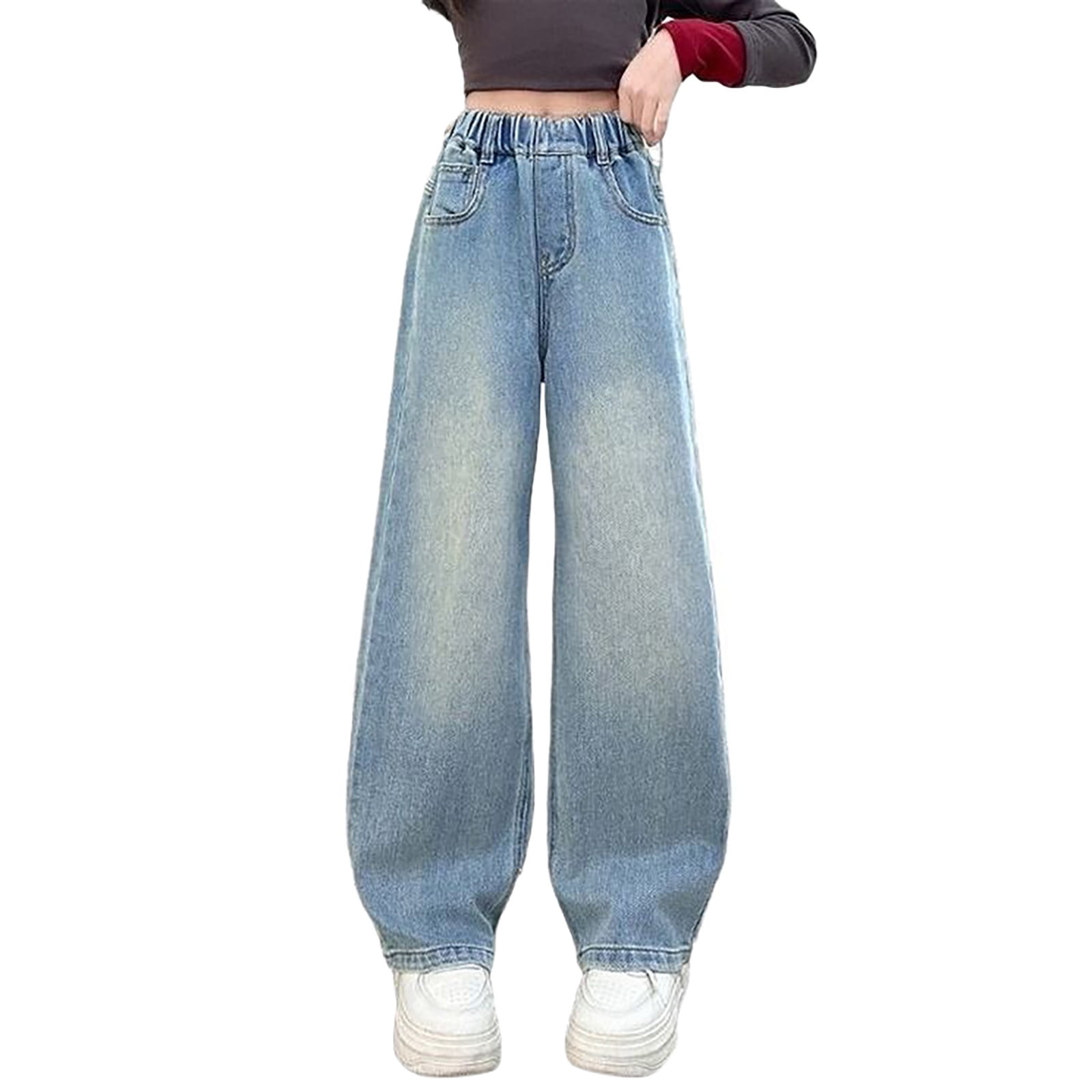Pantalons Fille Loose Pants Wide Leg Baggy Jeans Elastic Waist