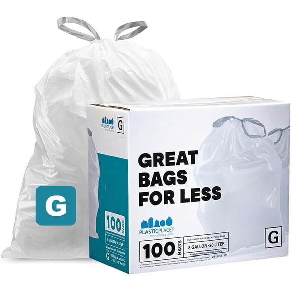 Plasticplace Custom Fit Trash Bags, Compatible with simplehuman Code G (100 Count) White Drawstring Garbage Liners 8 Gallon / 30 Liters, 17.5" x 28"