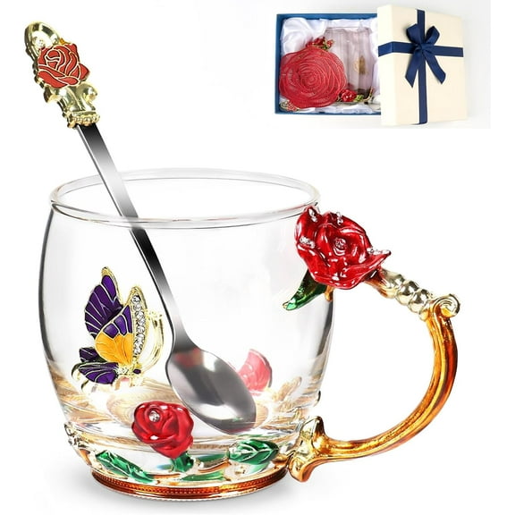 Flower Tea Cup,Butterfly Rose Clear Glass Fancy Coffee Mug with Spoon,Gift Box for Her Mom Wife Grandma Girls Women Christmas Birthday Present Idea for Juice,Hot And Cold Drinks Use