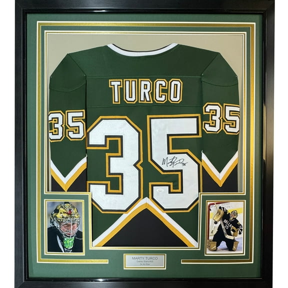 Framed Autographed/Signed Marty Turco 35x39 Dallas Green Hockey Jersey JSA COA