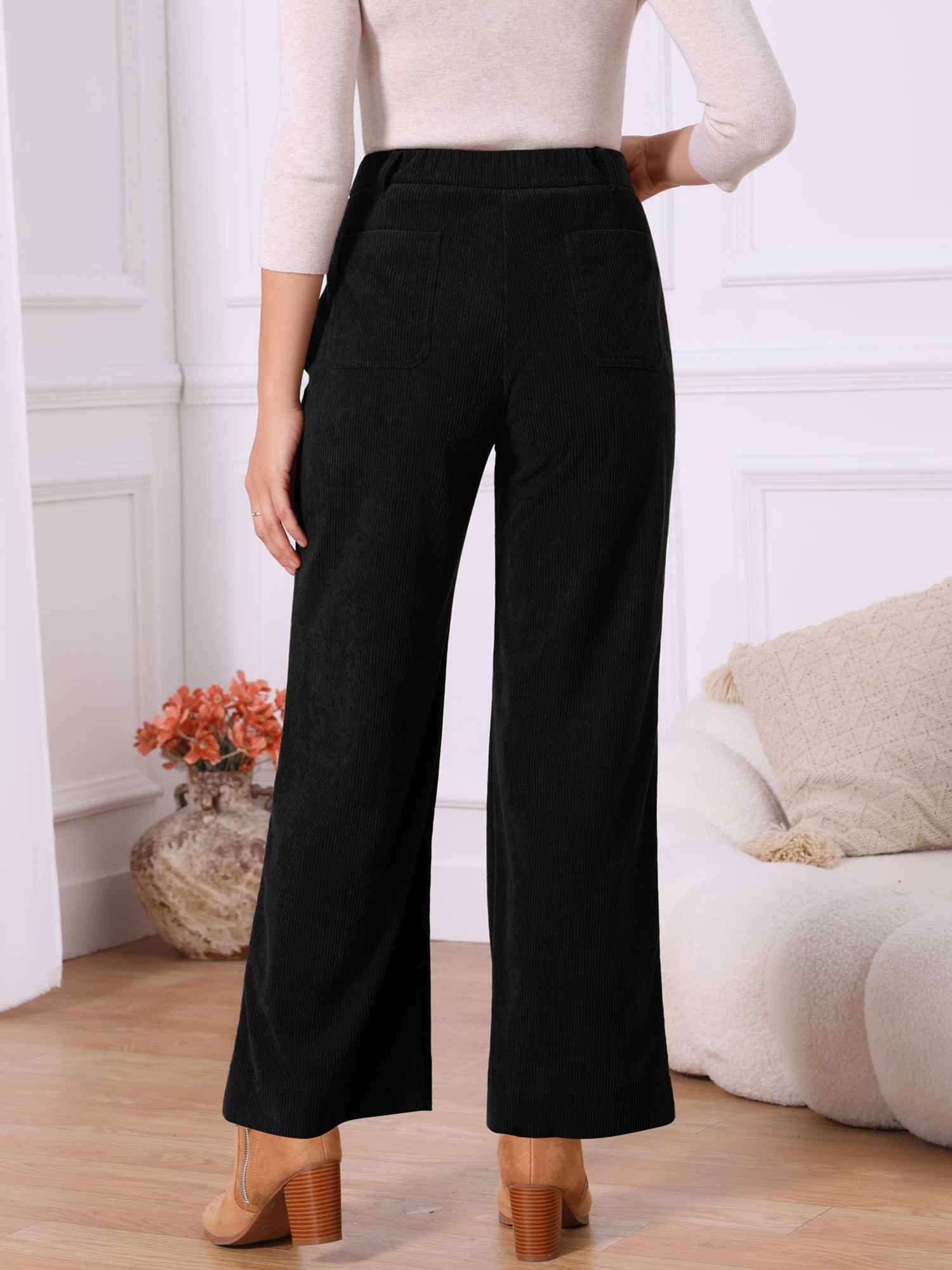 DARING DIVA Women's High Waisted Corduroy Wide Leg Pants with Pockets L Black