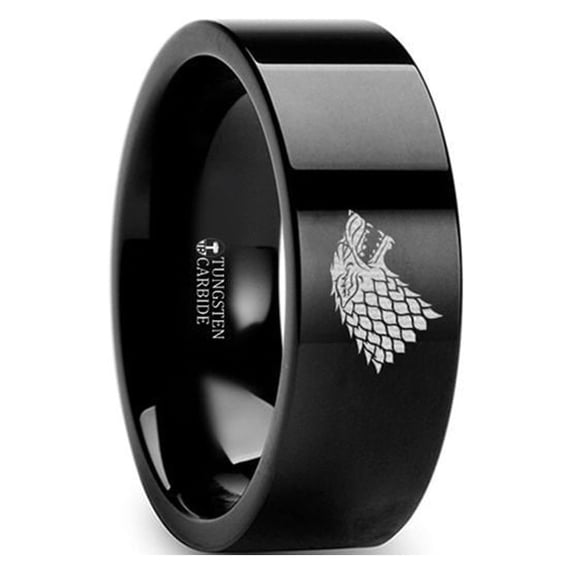 Game of Thrones Wolf Winter is Coming Symbol Super Hero Movie Black Tungsten Engraved Ring Jewelry - 8mm - Size 10