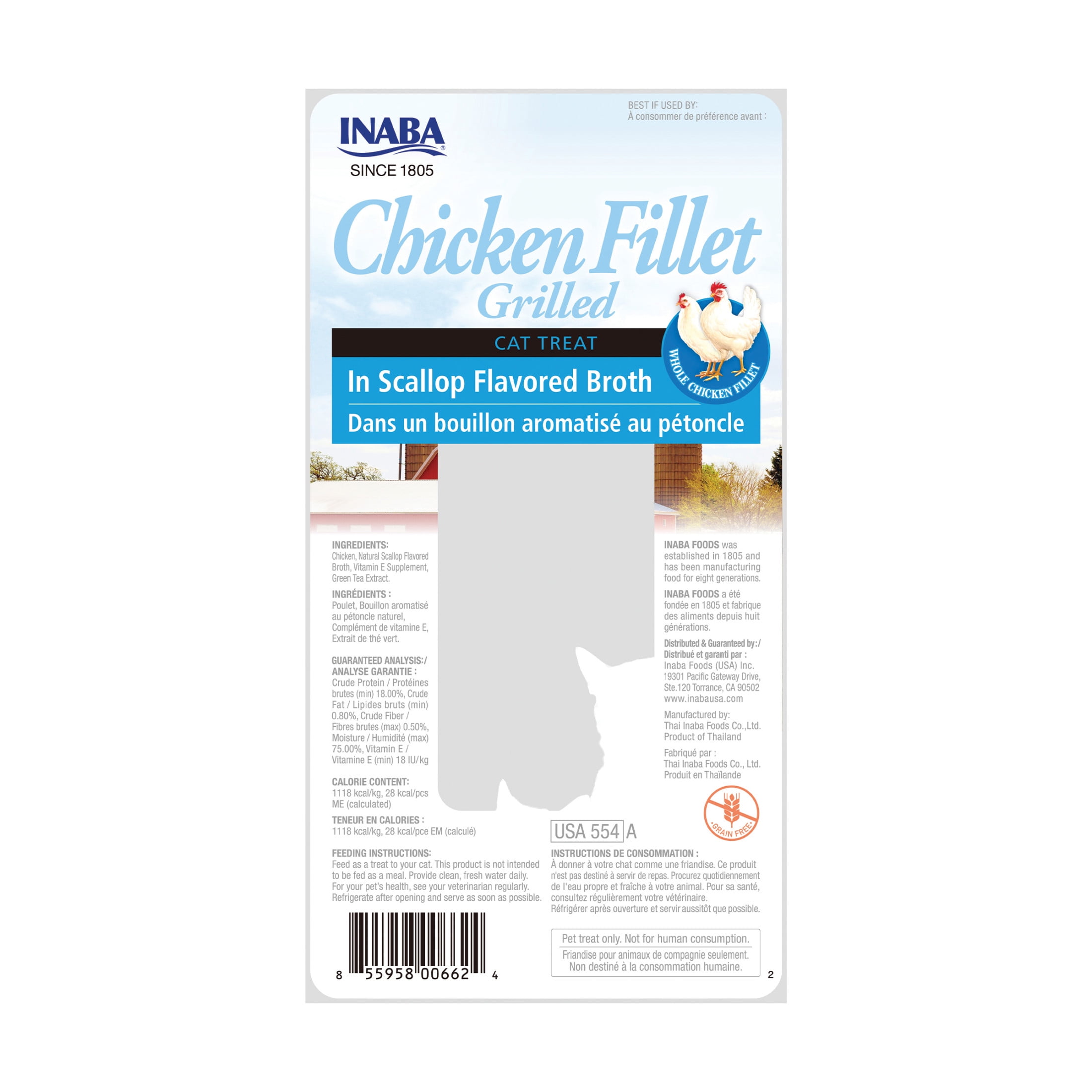 INABA Premium Hand-Cut Grilled Chicken Fillet Cat Treats w Vitamin E, 0.9 oz, 6-Pack, Scallop Broth