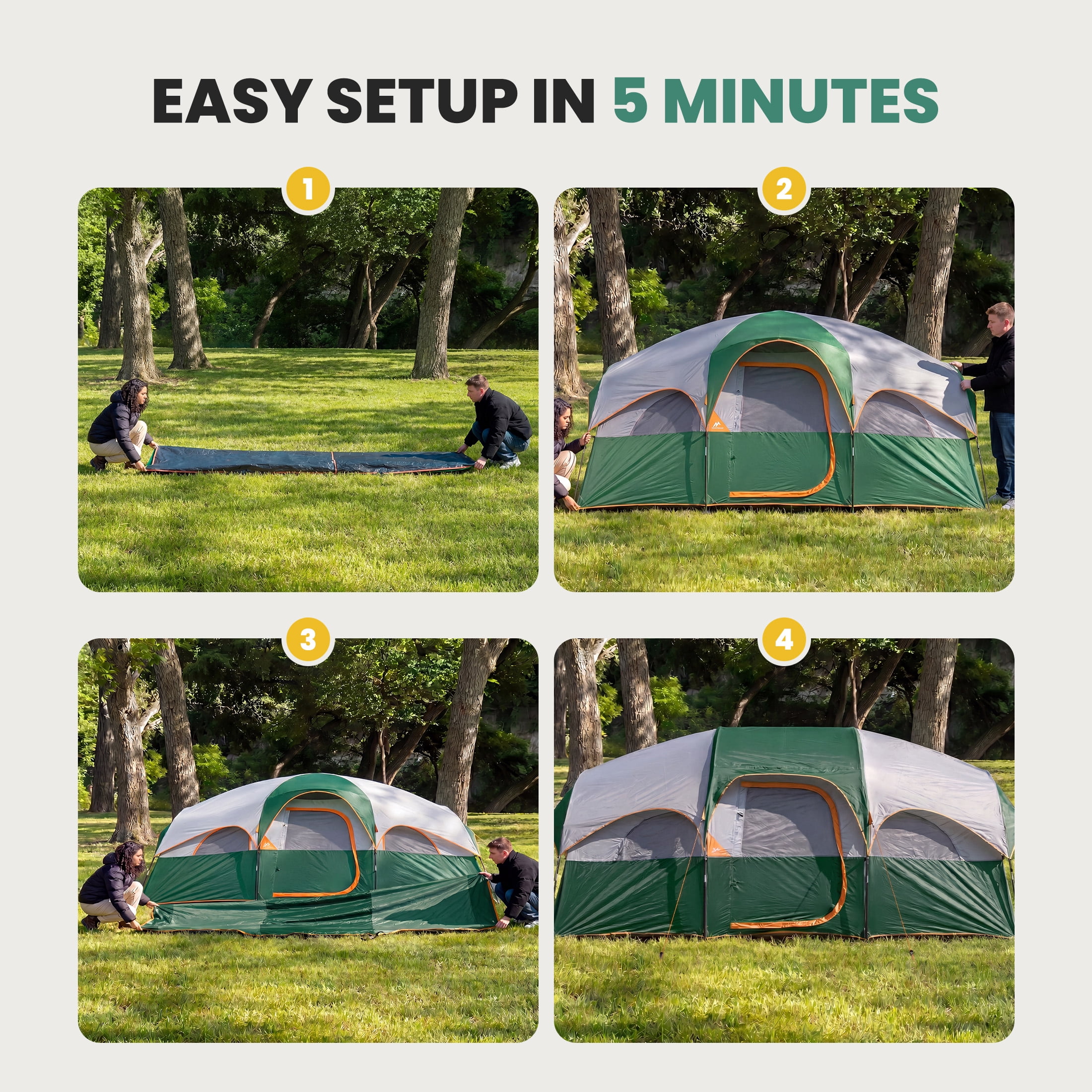 EDX 8-Person Camping Tent with Waterproof Double Layer & Standing Height Cabin, Mesh Roof, Divided Curtain, Easy Setup & Family-Friendly, Portable Carry Bag, Spacious for Car Camping, Green
