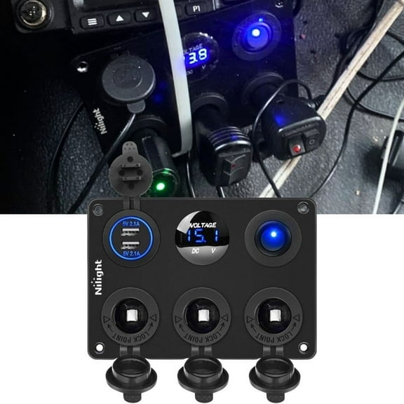Dual Cigarette Socket Panel with Wire 12V Dual USB Power Plug & LED Voltmeter & ON Off Rocker Switch with Cover and Mounting Screws for Car RV Boat