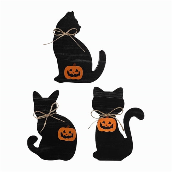 3-Piece Halloween Wooden Black Cat Table Decor – Farmhouse Shelf Display with Rustic Style for Mantel, Porch, and Home