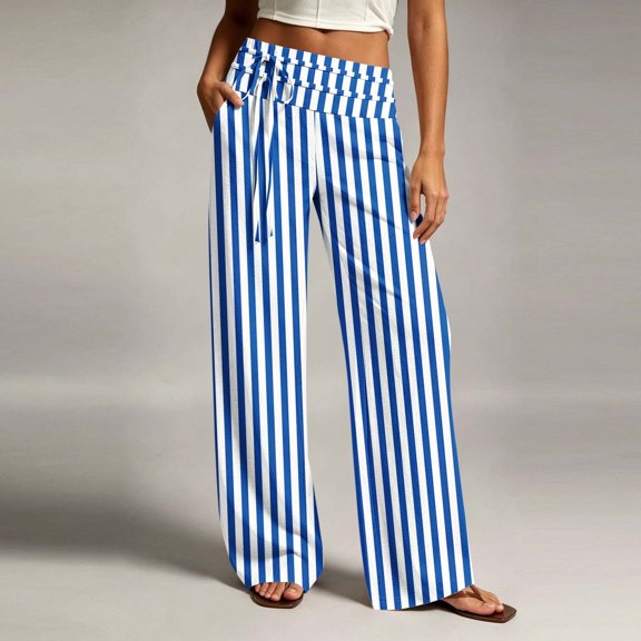 Women's Striped Lounge Pants Elastic Waist Straight Leg Trousers with Pockets Lightweight Comfy Cotton Linen Vacation Beach Pants,Sizes S-2XL