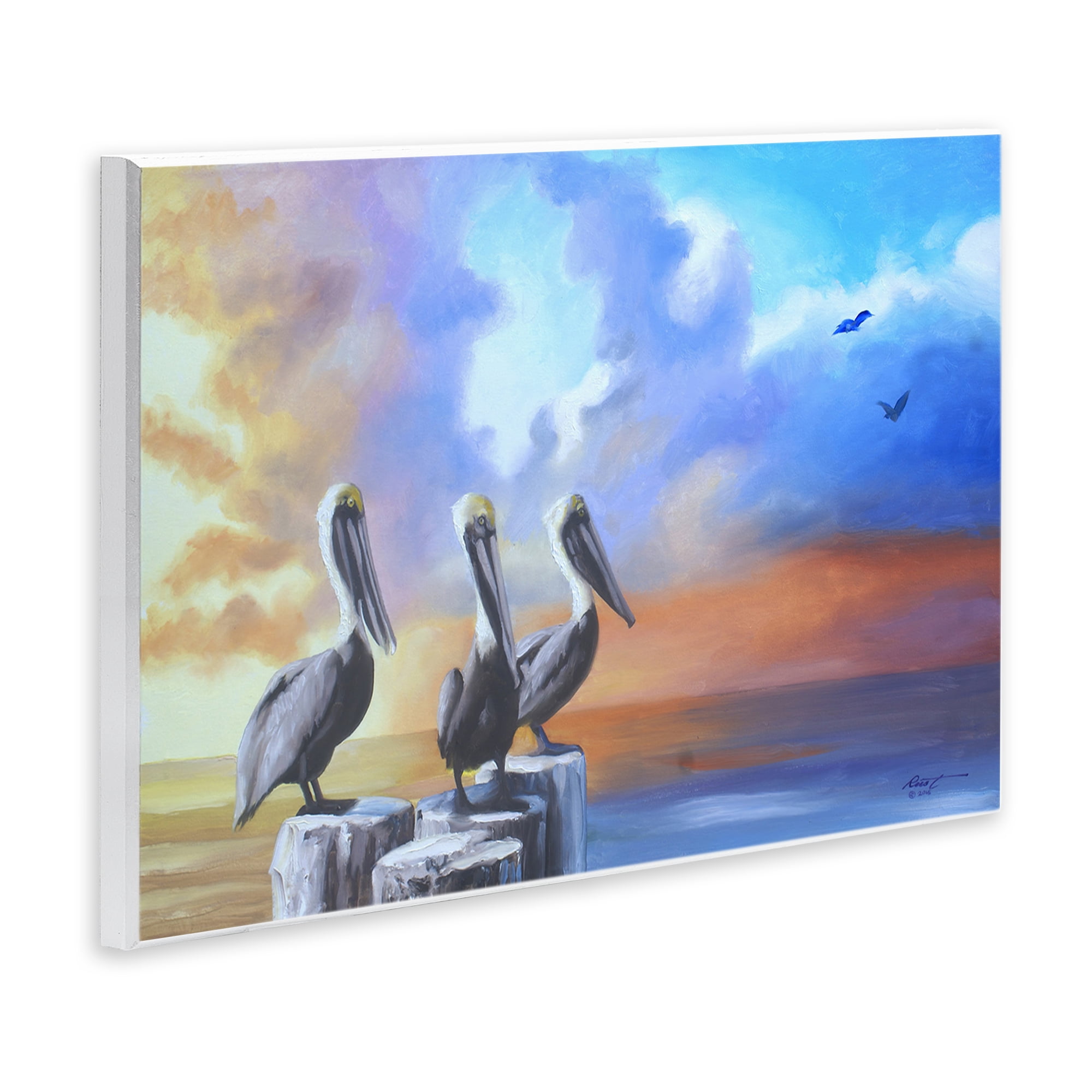 Stupell Industries Vivid Pelican Trio Landscape Painting Unframed Art Print Wall Art, 15 x 10