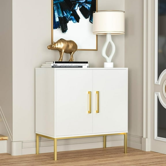 ZALIX Buffet Sideboard Cabinet with Storage, Modern Wooden Cabinet with Adjustable Shelves, White and Gold Cabinets for Living Room, Kitchen, Hallway