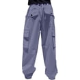 thumbnail image 3 of CPNG Girls Casual Baggy Cargo Pants Straight Wide Leg Cargo Pants Loose Elastic Waist Fashion Drawstring Cargo Trousers(Blue,9-10 Years), 3 of 6
