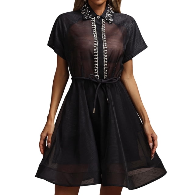 Vestido Tsukko Sofisticado de manga corta con panel transparente negro