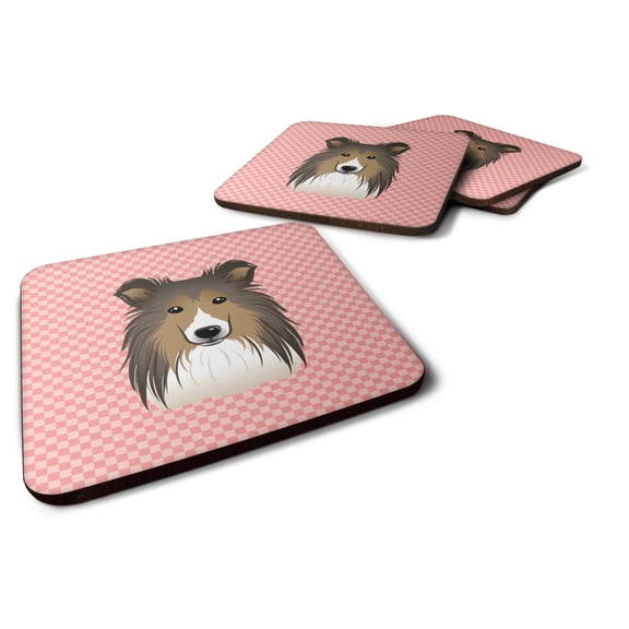 Carolines Treasures BB1242FC Checkerboard Pink Sheltie Foam Coaster Set of 4 3 1/2 x 3 1/2 multicolor