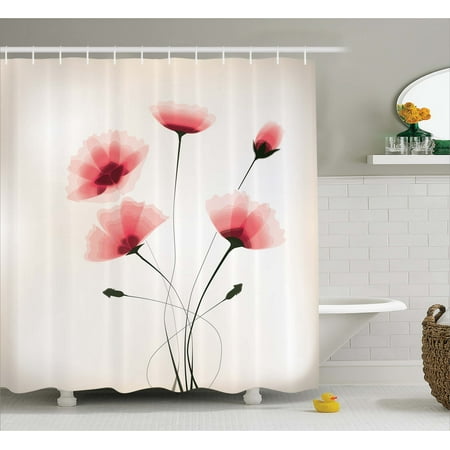 Simple Bathroom Decor Abstract Decor Shower Curtain, Pure Romantic Cool Simple Natural Flower with Blossoms Artwork, Fabric Bathroom Set with Hooks, 69W X 70L Inches, Pink Green and White, by Ambesonne ()