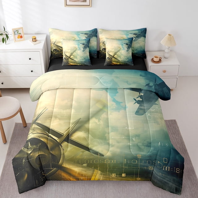 YST Army Airplane Comforter Set, King Size, Vintage Retro World War II