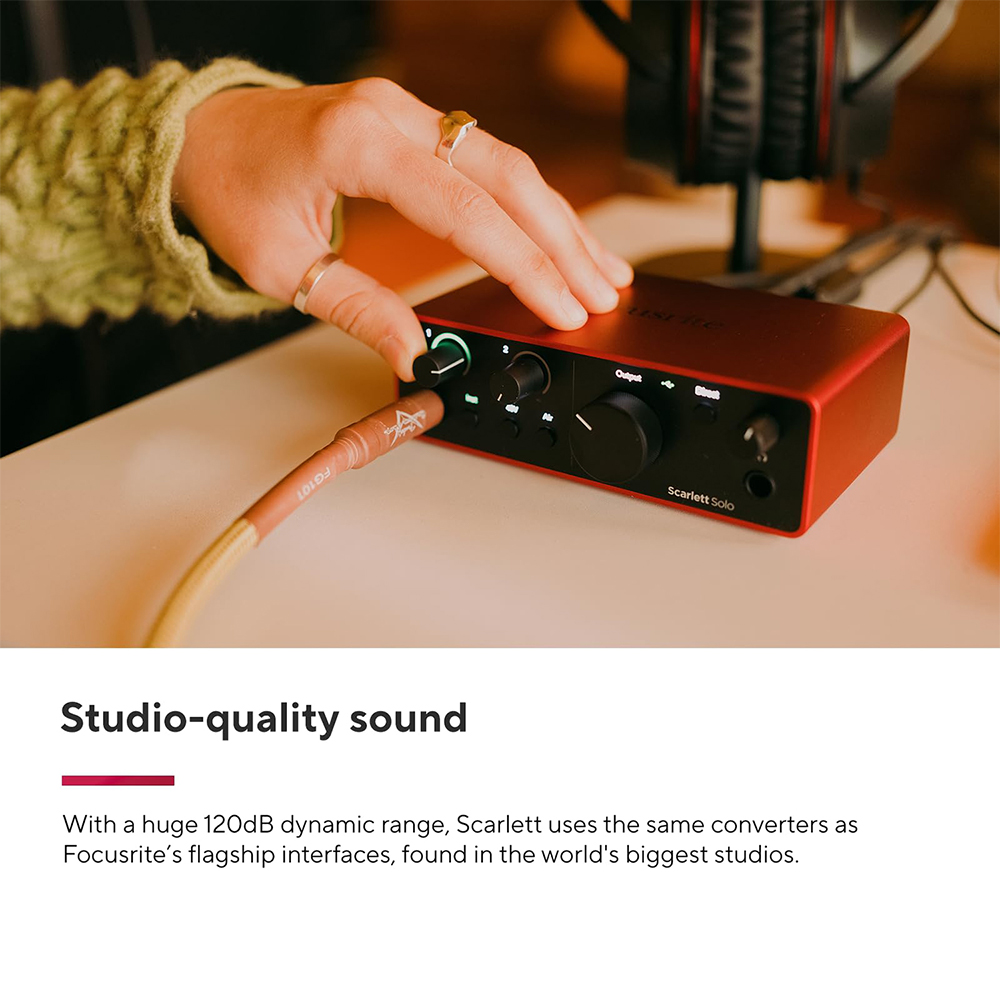 Focusrite AMS-SCARLETT-SOLO-ST Scarlett Solo Studio 4th Gen Audio Interface Bundle with Mic, Headphones + XLR Male to XLR Female Cable + Universal Pop Filter Wind Screen + Microphone Stand with Boom