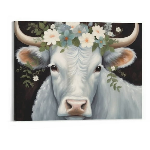 Creowell Fall Decor White Cow Canvas Wall Art Picture 20x16in for Living Room Bedroom Print On Canvas 20x16in