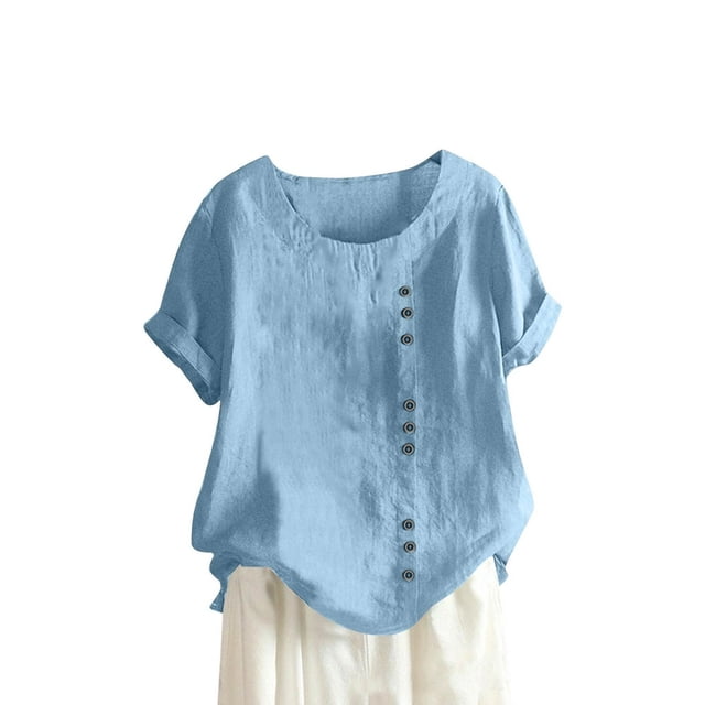 CHUANK Oversized Button Down Shirts Women Oversized T Shirts Workout Cotton Linen Western Shirts Short Sleeves Crew Neck Sexy Summer Tops for Plus Size Summer Spring Blouses Yellow Army G