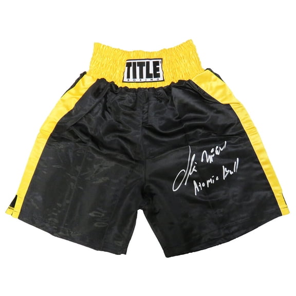 Oliver McCall Signed Title Black With Gold Trim Boxing Trunks w/Atomic Bull