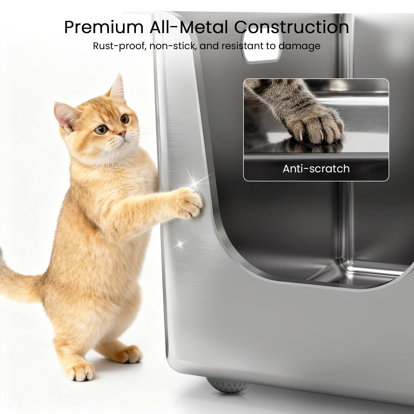 Stainless Steel Litter Box 11.8'' High Sides  Xl Metal Cat With Curved Low Entry Pan For Big & Multiple Cats Pet Toliet Handy Wheels Easy Moving