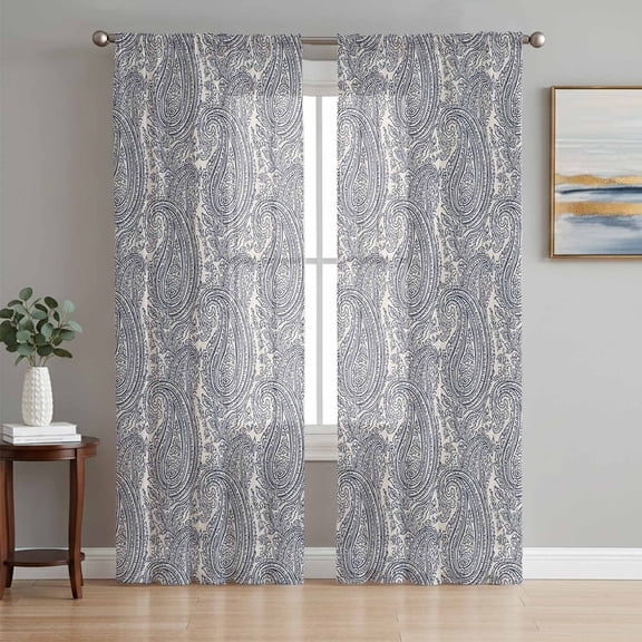 Paisley Sheer Curtains 84 Inch Length 2 Panels Set Window Treatments, Vintage Mediterranean Abstract Texture Gray Blue Rod Pocket Semi Curtains for Living Room/Bedroom/Kitchen Décor, 104"W x 84"L