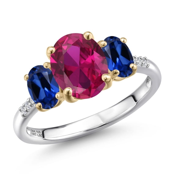 Gem Stone King 925 Silver and 10K Yellow Gold Red Created Ruby and Blue Created Sapphire and Lab Grown Diamond Engagement Ring for Women | 3.26 Cttw | Oval 9X7MM | July Birthstone | Size 9