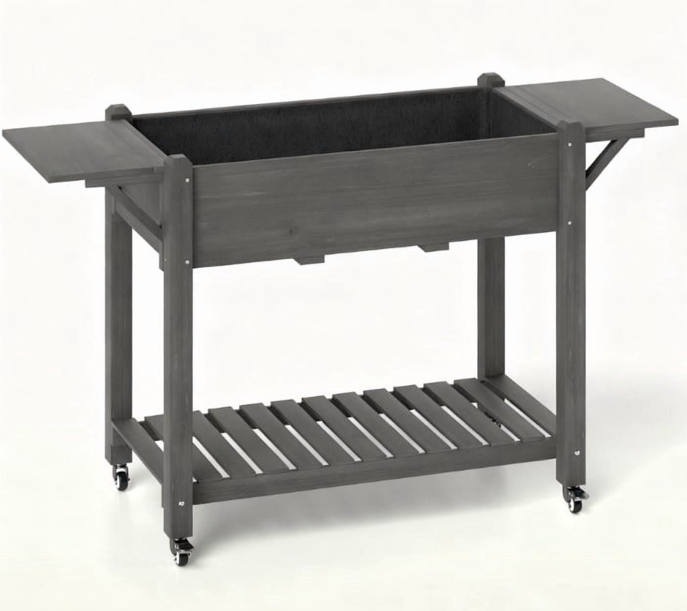 Elevated Garden Bed, Wood Raised Planter Box with Lockable Wheels, Side Tables, Bottom Shelf, Drain Holes