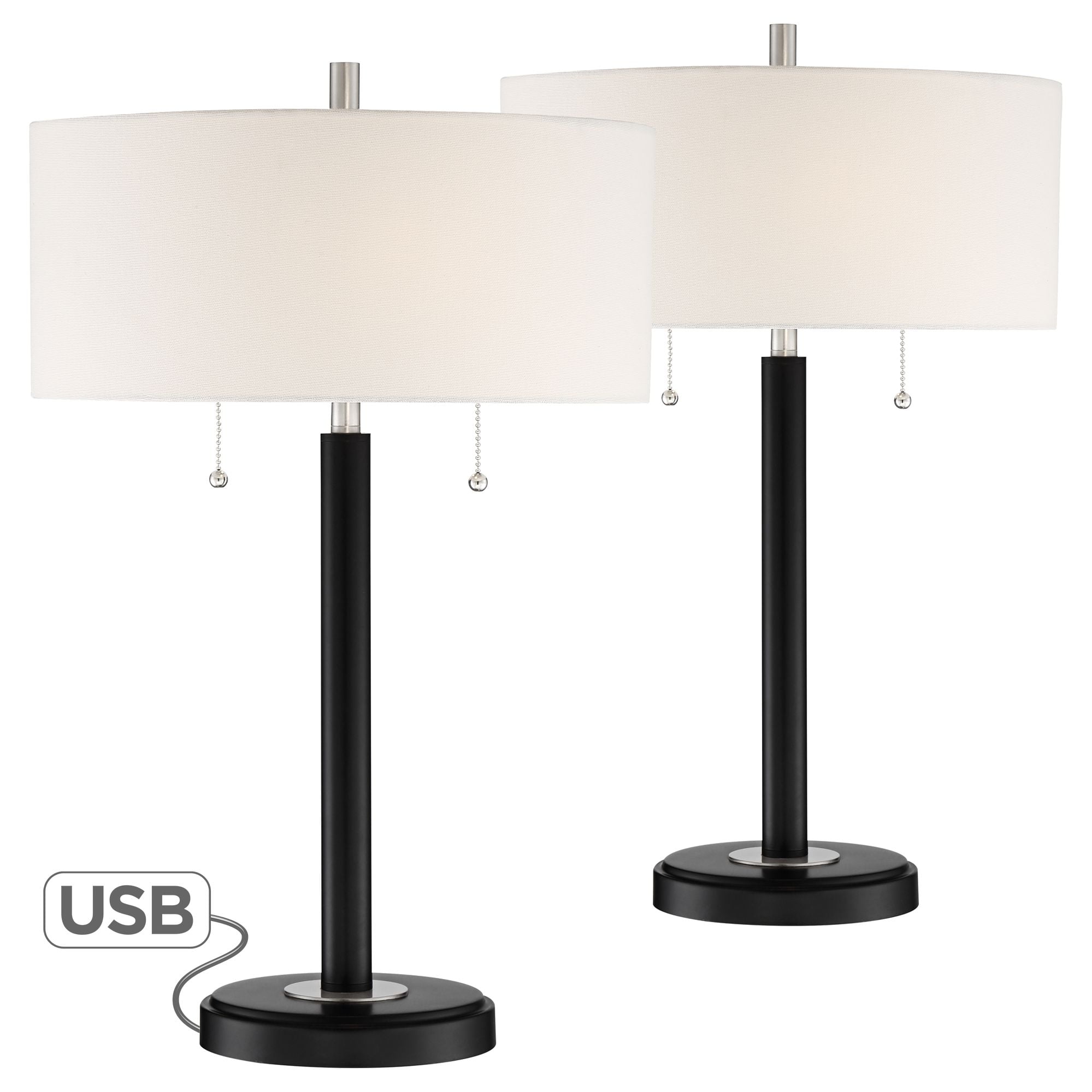 360 Lighting Modern Accent Table Lamps Set Of 2 With Usb Charging Port Black White Fabric Drum Shade Living Room Bedroom Bedside Com