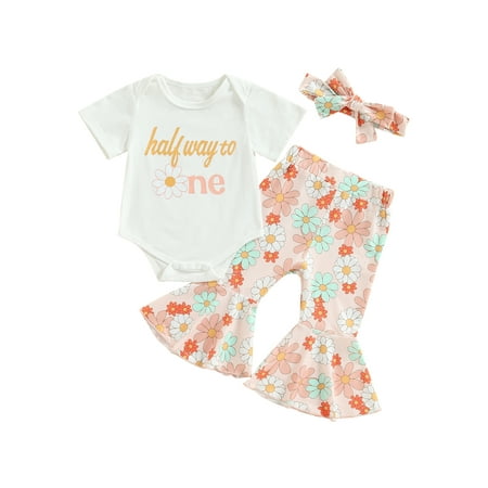 

Girls Pants Set Letters T-shirt/Romper + Flower Pants + Headband