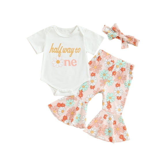 LMLYSoH Baby Kids Girls Pants Set, Short Sleeve Letters Print T-shirt/Romper with Flower Print Flare Pants and Headband