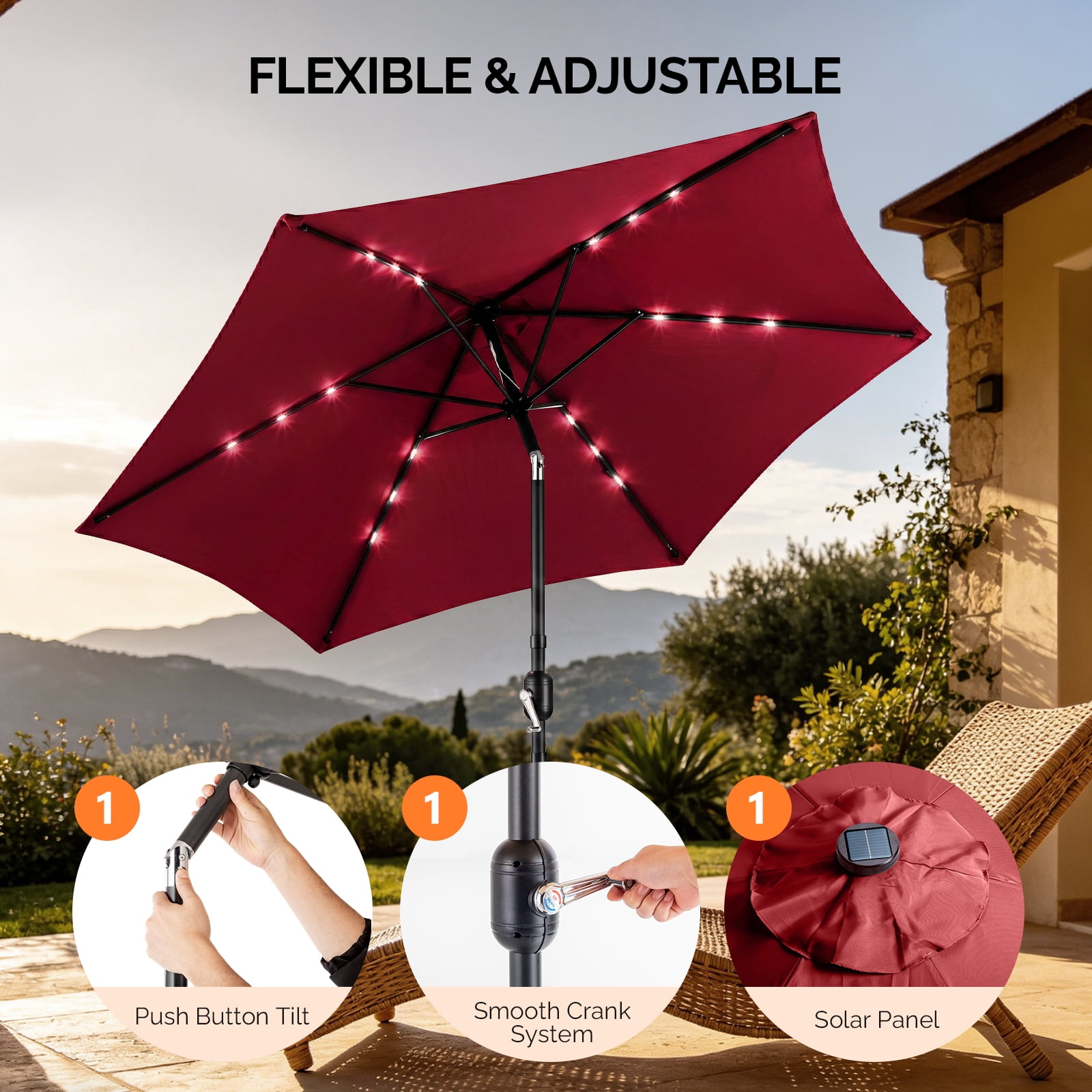 9ft Solar Patio Umbrella with LED Lights, UPF 50+ Waterproof Canopy, 6 Iron Ribs, Push Button Tilt & Crank Lift, Beige for Patio Garden Poolside