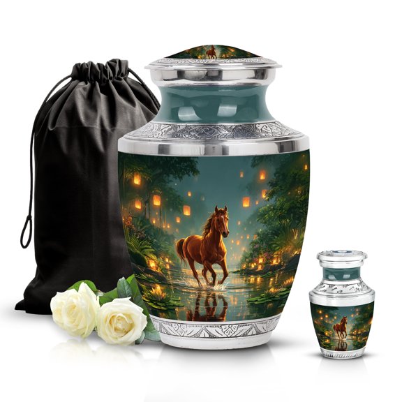 SABURIAL Horse Urn - Mini Tribute Urn For Men Ashes - Perfect Large Urns For Adult Human Ash - Beautiful Cremation Urns For Women Ashes - Combo - 10 Inch Large & 3 Inch Small