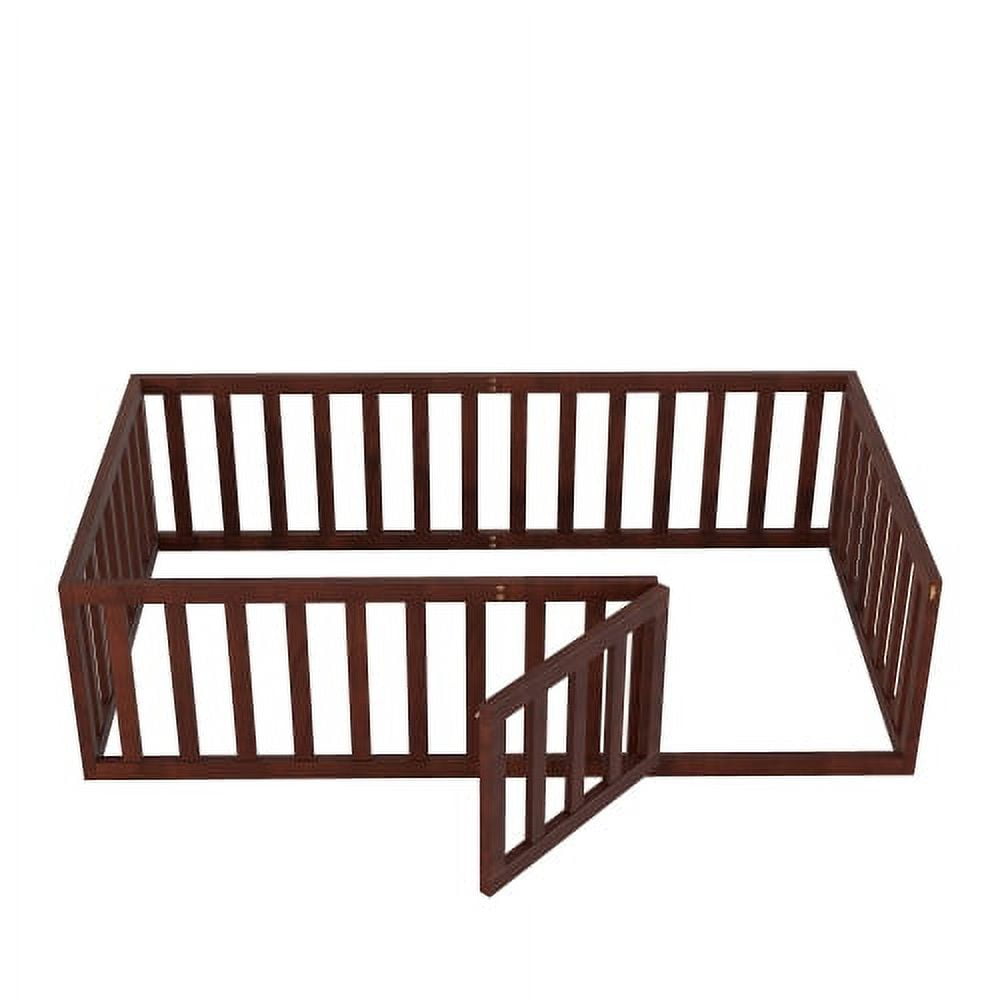 Full Size Floor Bed for Kids, Wood Full Montessori Bed Frame with Fence Guardrails and & Support Slats, Full Playhouse Bed with Door Design, Kids Fence Bed Playpen Bed for Boys ,Girls, Gray