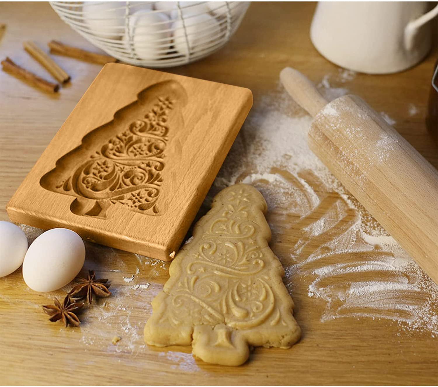 ASRS Christmas Tree Cookie Cutters Mold,Christmas Carved Wooden Mould Press Cookie Mold 3D Wooden Baking Mold for Cookie Stamp Embossing Craft Decorating Baking Tool