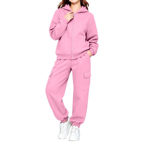 BRGZLK Kids 2 Piece Tracksuit Set 2026 Long Sleeve Solid Color Zip Up Hooded Sweatshirt and Elastic Waist Sweatpants Fleece Comfort Casual Sportswear Kids Fall Winter Clothes Pink 11-12 Years