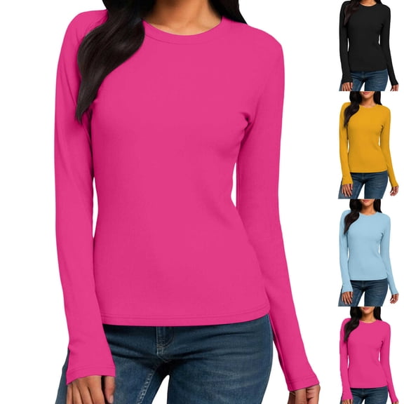 YOIAVAIOY Womens Long Sleeve Crew Neck T Shirts Comfy Slim Fit Stretch Tees Shirts Casual Basic Tops Yellow M